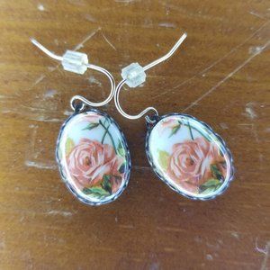 Coral Pink Rose Floral Earrings